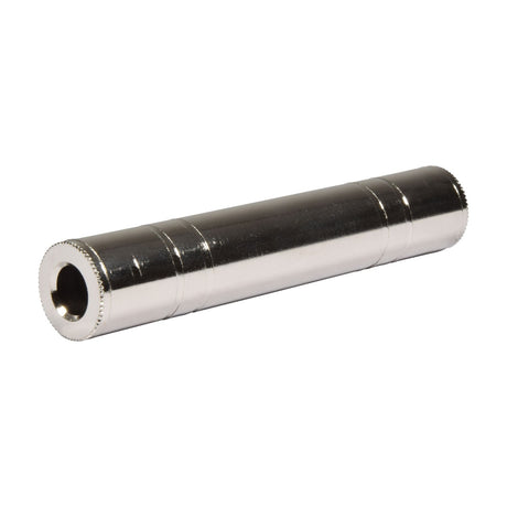 QTX 6.3mm stereo jack socket to socket coupler by AVSL, a chrome metal inline connector with knurled female TRS ends, shown on a white background.