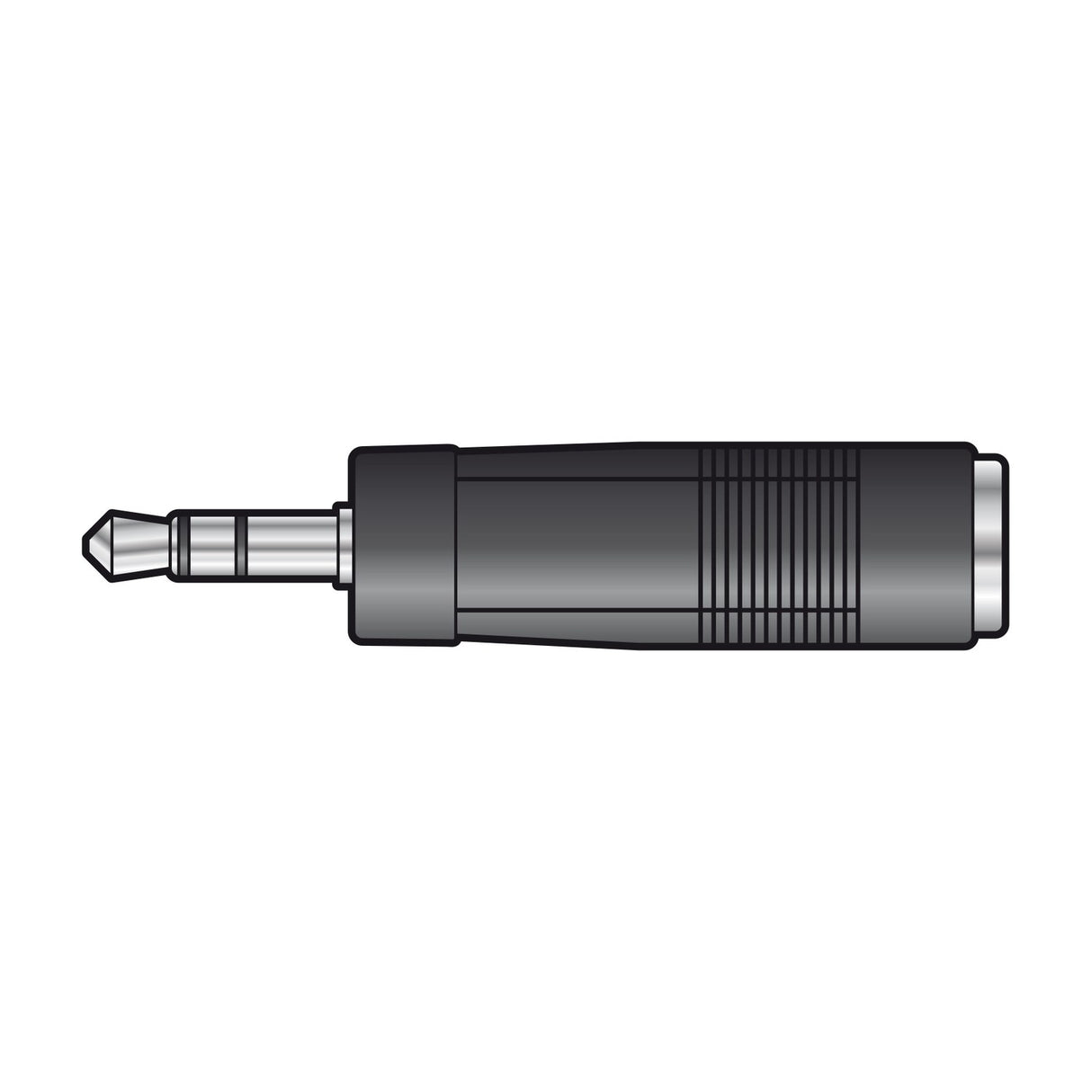 QTX 3.5mm stereo jack plug to 6.3mm stereo socket adaptor with black body and metal connectors, shown on a plain white background.