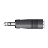 QTX 3.5mm stereo jack plug to 6.3mm stereo socket adaptor with black body and metal connectors, shown on a plain white background.