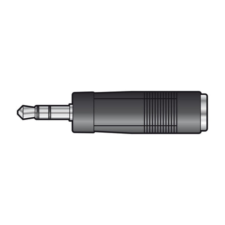 QTX 3.5mm stereo jack plug to 6.3mm stereo socket adaptor with black body and metal connectors, shown on a plain white background.