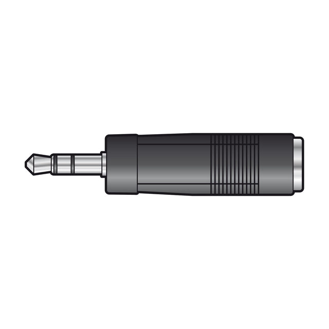 QTX 3.5mm stereo jack plug to 6.3mm stereo socket adaptor with black body and metal connectors, shown on a plain white background.