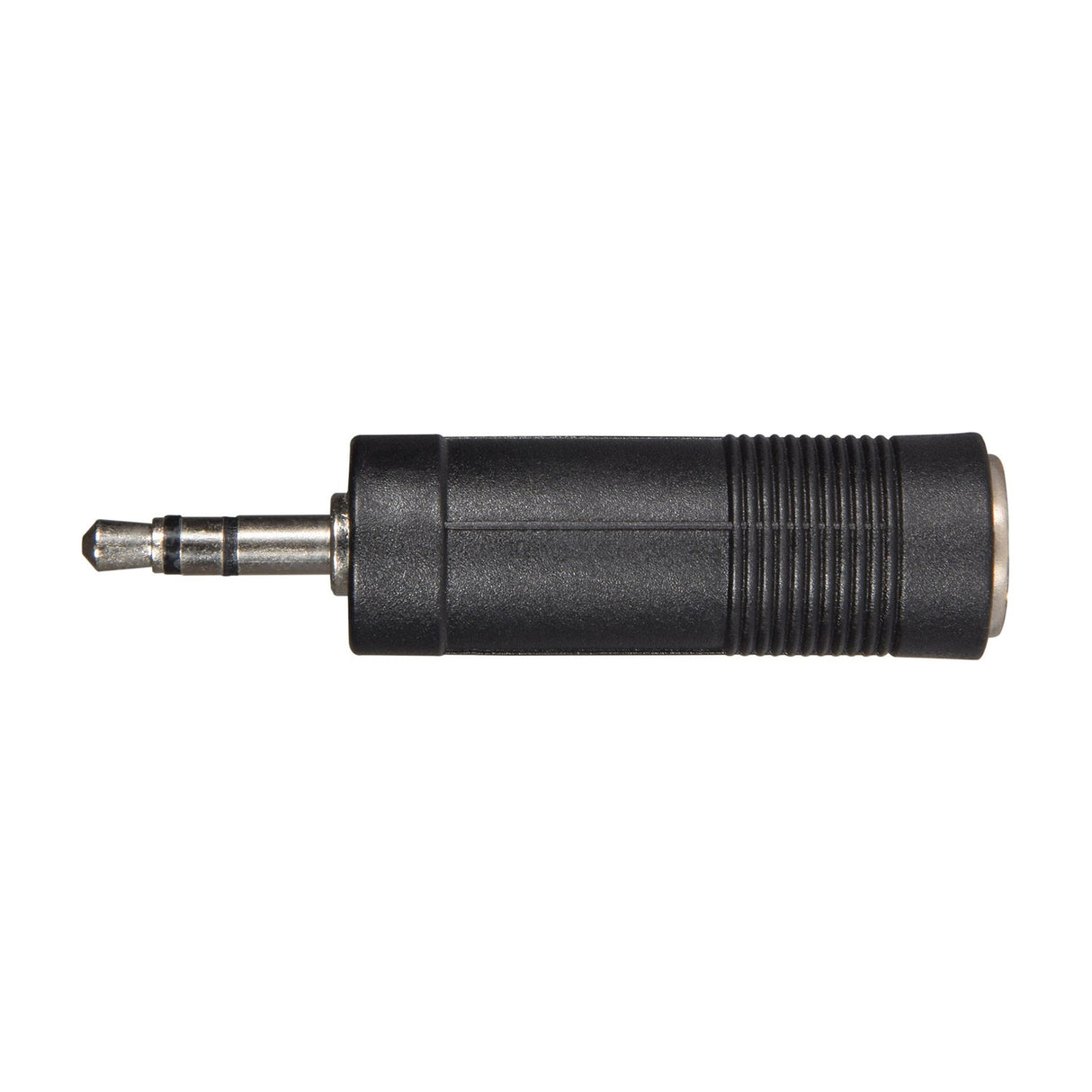 QTX 3.5mm stereo jack plug to 6.3mm stereo socket adaptor by AVSL, with black barrel body and metal connectors, shown side-on against a white background.