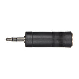 QTX 3.5mm stereo jack plug to 6.3mm stereo socket adaptor by AVSL, with black barrel body and metal connectors, shown side-on against a white background.