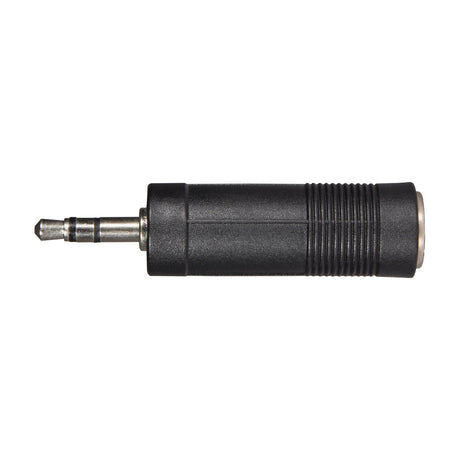 QTX 3.5mm stereo jack plug to 6.3mm stereo socket adaptor by AVSL, with black barrel body and metal connectors, shown side-on against a white background.
