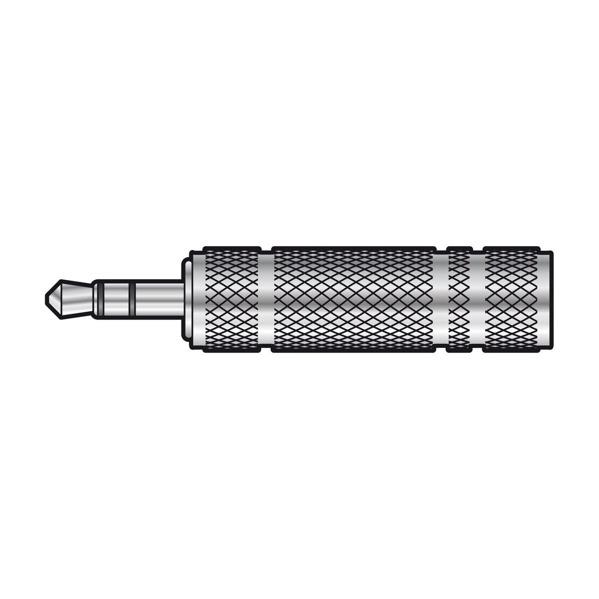 QTX 3.5mm to 6.3mm stereo jack adaptor by AVSL with knurled metal barrel and exposed mini jack plug, shown on a plain white background.