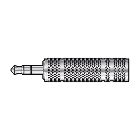 QTX 3.5mm to 6.3mm stereo jack adaptor by AVSL with knurled metal barrel and exposed mini jack plug, shown on a plain white background.