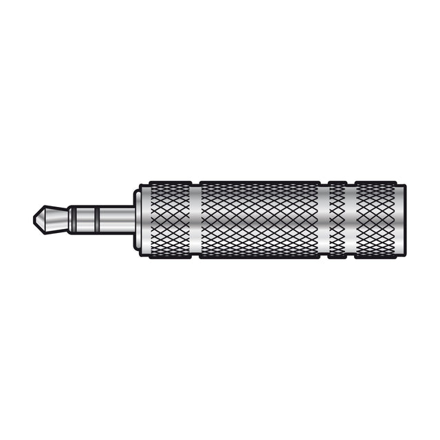 QTX 3.5mm to 6.3mm stereo jack adaptor by AVSL with knurled metal barrel and exposed mini jack plug, shown on a plain white background.