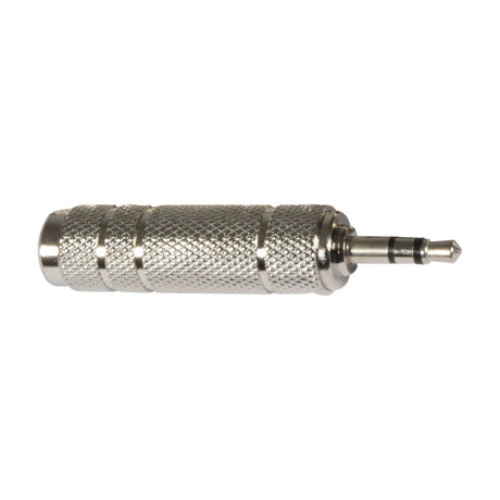 QTX 3.5mm to 6.3mm stereo jack adaptor by AVSL with knurled silver metal barrel and 3.5mm plug, shown on a plain white background.
