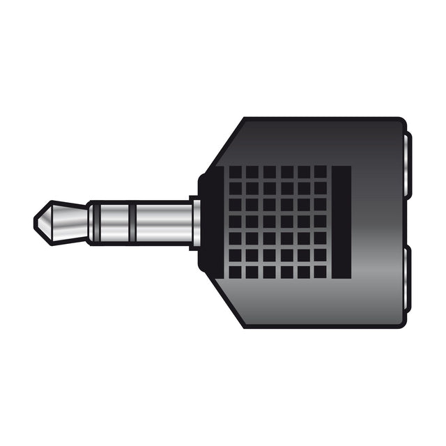 AVSL 3.5mm stereo jack plug to 2x 3.5mm jack socket splitter adaptor with black moulded body and silver plug, shown on a plain white background.