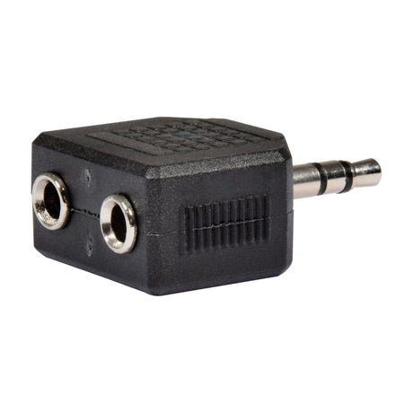AVSL 3.5mm stereo jack plug to 2x 3.5mm jack socket splitter adaptor with black moulded body and silver metal plug, shown on a white background.