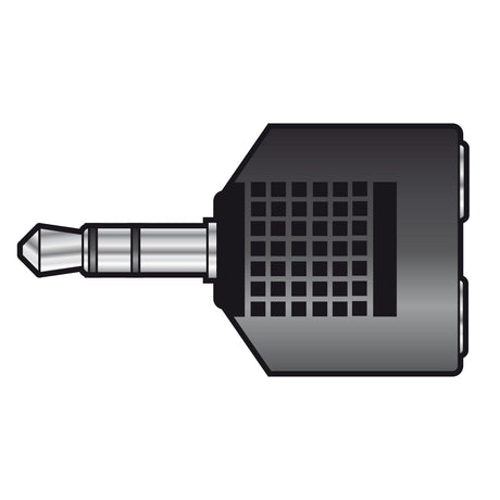 Depiction of the QTX Adaptor, a black audio adapter equipped with a male 3.5mm stereo jack plug on one end and two 3.5mm stereo jack sockets on the other, ideal for sharing headphones. Designed for splitting audio signals, the adapter features an elegant grid pattern surface.