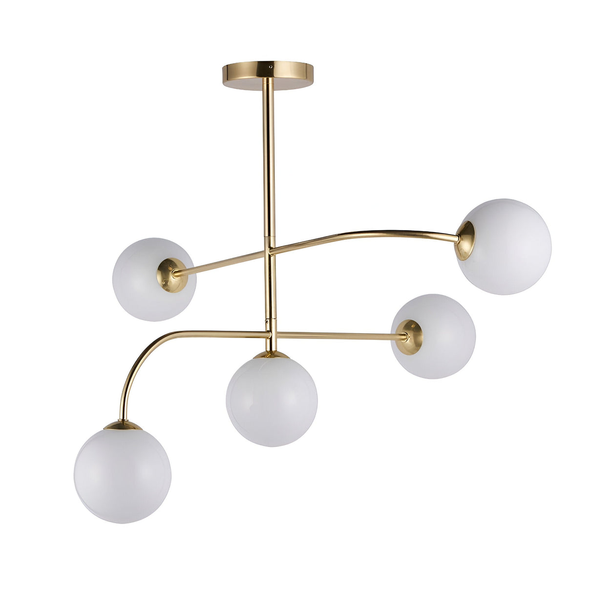 Endon Sinclair 5 light semi-flush ceiling light with brushed brass arms and white opal glass globes on a plain background.