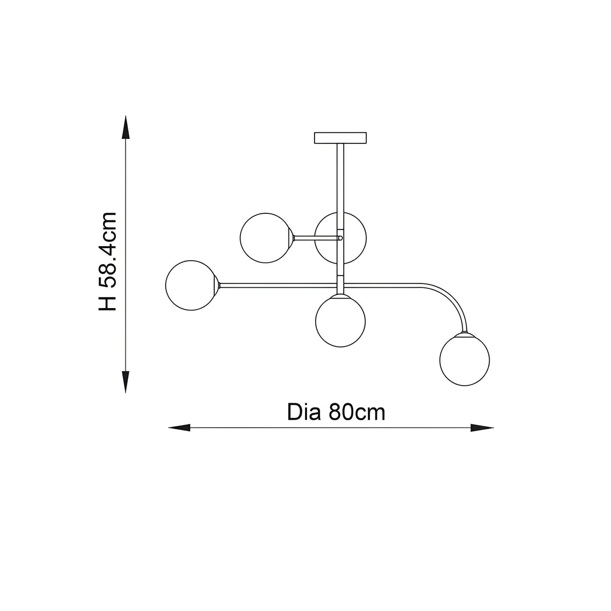 Dimension diagram of the Endon Sinclair 5 Light Semi-Flush Ceiling Light in brushed brass, showing 80cm diameter and 58.4cm height.