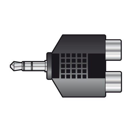 QTX 3.5mm stereo jack plug to dual RCA phono socket adaptor by AVSL, shown with black moulded housing and side-by-side silver RCA sockets.