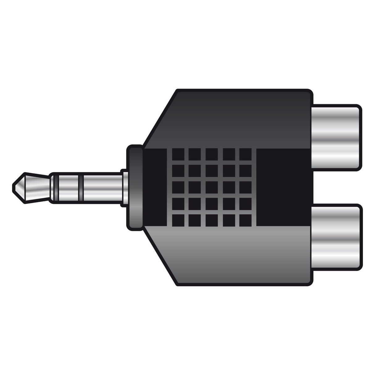 Image depicting the QTX Adaptor 3.5mm Stereo Jack Plug – 2 RCA Phono Sockets. This device includes a metallic 3.5mm stereo jack on one end and two cylindrical RCA phono sockets on the other, designed for audio signal conversion with a straightforward, technical appearance.