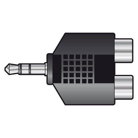 Image depicting the QTX Adaptor 3.5mm Stereo Jack Plug – 2 RCA Phono Sockets. This device includes a metallic 3.5mm stereo jack on one end and two cylindrical RCA phono sockets on the other, designed for audio signal conversion with a straightforward, technical appearance.