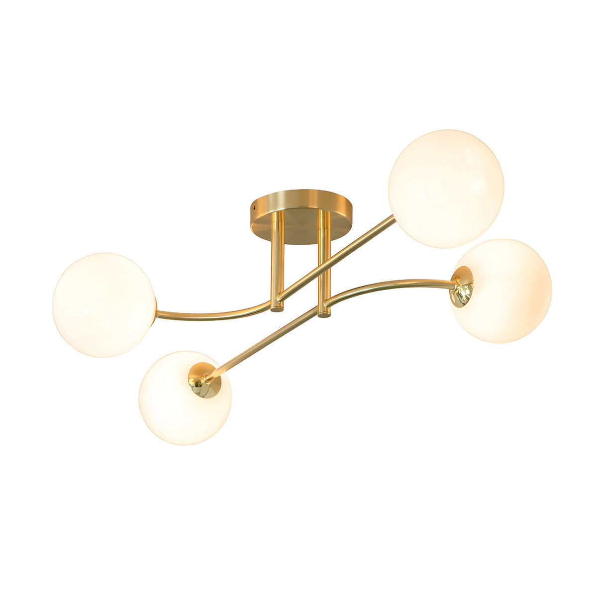 Endon Sinclair 4 light semi-flush ceiling light in brushed brass, with four curved arms holding opal glass globe shades around a central plate.