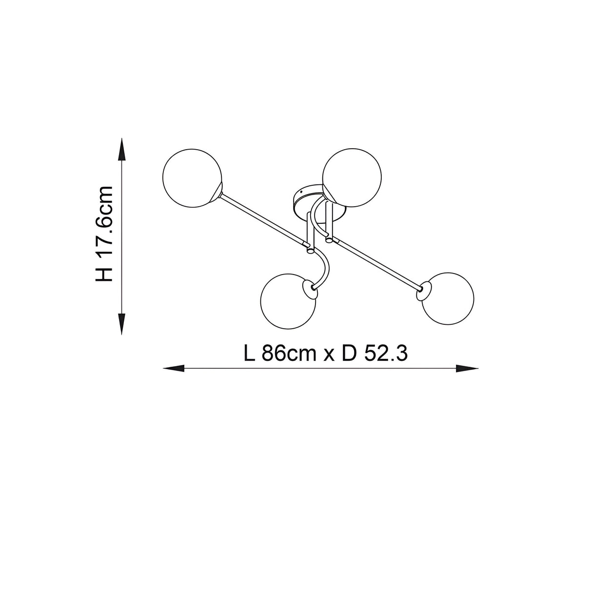 Dimension diagram of the Endon Sinclair 4 Light Semi-Flush Ceiling Light showing 17.6cm height and 86cm x 52.3cm spread on a white background.