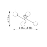 Dimension diagram of the Endon Sinclair 4 Light Semi-Flush Ceiling Light showing 17.6cm height and 86cm x 52.3cm spread on a white background.