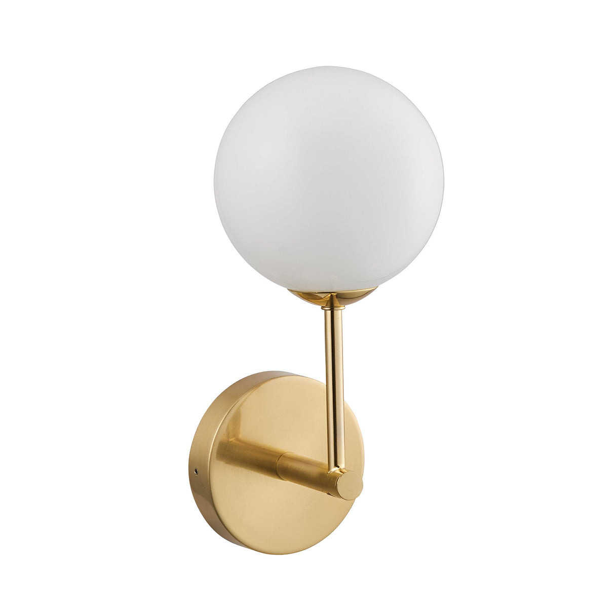 Endon Sinclair wall light with a single opal glass globe on a brushed brass stem and round backplate, shown against a plain white background.