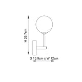 Dimension diagram of the Endon Sinclair wall light showing a globe shade on a slim arm, with height 26.7cm and depth 13.9cm by width 12cm.