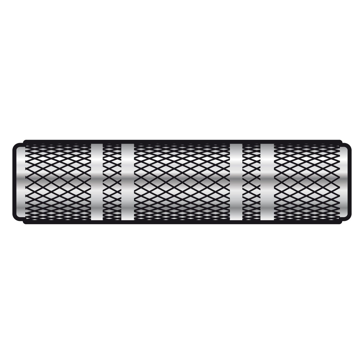 An illustration of a QTX Coupler 3.5mm Stereo Socket, showcasing its cylindrical design with a black crosshatch pattern and ringed silver accents intermittently placed along the surface. The mesh-like design adds to its textured appearance against the white background.