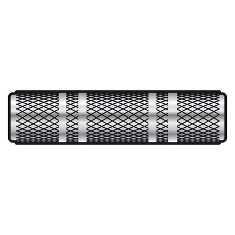 An illustration of a QTX Coupler 3.5mm Stereo Socket, showcasing its cylindrical design with a black crosshatch pattern and ringed silver accents intermittently placed along the surface. The mesh-like design adds to its textured appearance against the white background.