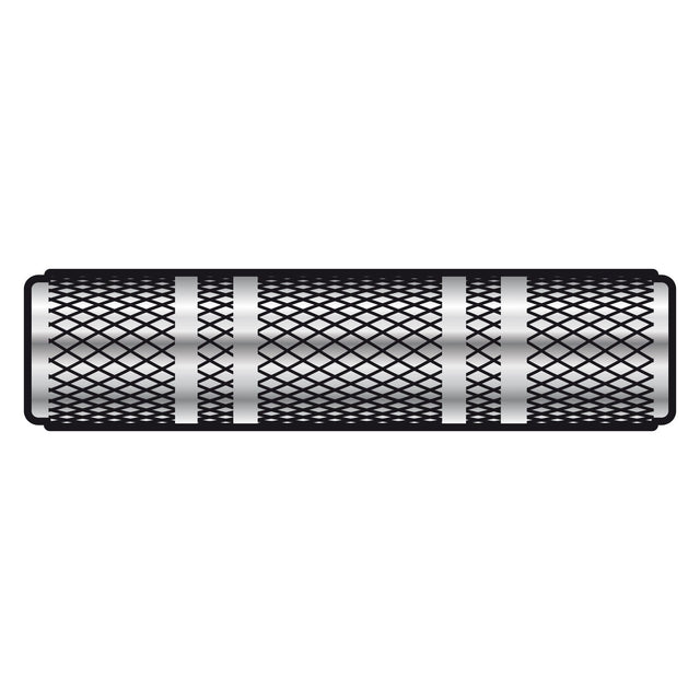 An illustration of a QTX Coupler 3.5mm Stereo Socket, showcasing its cylindrical design with a black crosshatch pattern and ringed silver accents intermittently placed along the surface. The mesh-like design adds to its textured appearance against the white background.