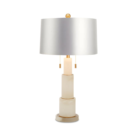 The Eloria 1 Light Stacked Alabaster Table Lamp features a cylindrical alabaster base, brass accents, two pull chains, and a wide soft white lampshade for a modern look.