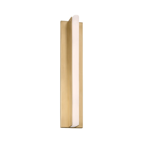 The Elvaris LED Large Vertical Alabaster Wall Light features a brushed brass base and a slim soft white alabaster diffuser, offering a sleek, minimalist look against a plain white background.