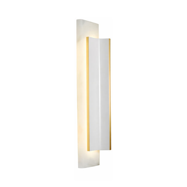 The Velorin LED Large Compact Alabaster Wall Light features a modern vertical design with a soft white curved panel and subtle brass edges, perfect for contemporary spaces.