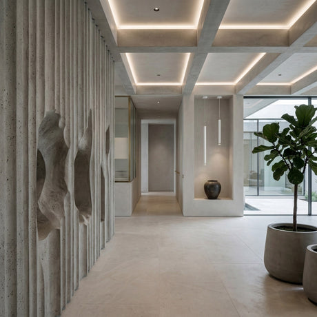 A modern minimalist interior with light gray walls and floor, sculpted wall features, recessed ceiling lights, a large potted plant, and the Micro LED Pendant Light - White creates a clean, sophisticated space with adjustable LED lighting.