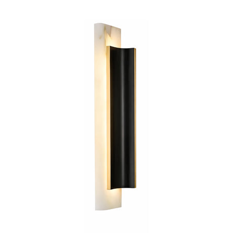 The Velorin LED Large Compact Alabaster Wall Light in soft white and black boasts a curved black metal front panel and a white back, emitting gentle light for a striking modern look.