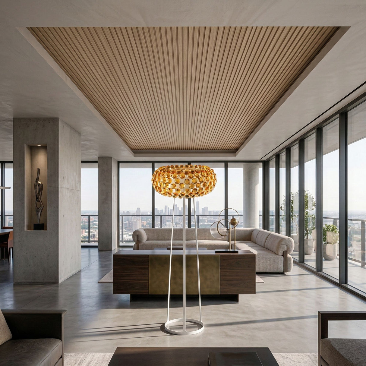 A modern, spacious living room features floor-to-ceiling windows with city views, neutral-tone furniture, a sculptural light fixture, the Briller LED Floor Light in gold, and a wood-paneled ceiling for a luxurious atmosphere and warm ambient lighting.