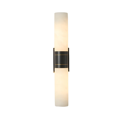 The Ardelle 2 Light Double Cylinder Alabaster Wall Light in Soft White & Matte Black features two vertically aligned alabaster shades joined by a central matte black band with subtle gold accents, set against a white background.