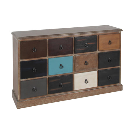 Loft Blue Multicoloured Pine 12 Drawer Unit, a wooden chest of drawers with brown, black, teal, and cream drawer fronts and dark ring pulls, shown on a plain white background.