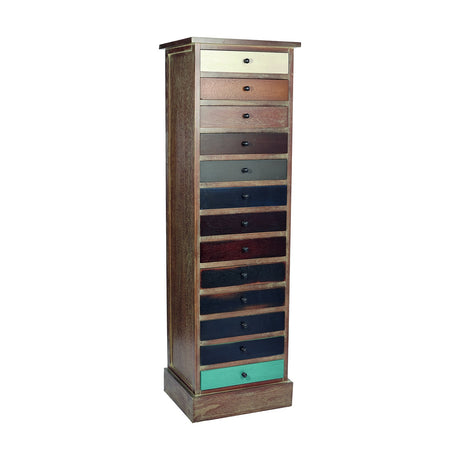 Tall narrow pine chest of drawers, 109cm, with 13 slim drawers in mixed colours including cream, teal, navy and brown, black knobs, on a plain white background.
