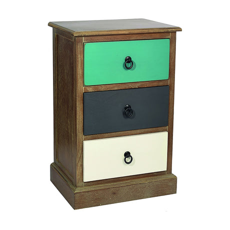 Loft Blue Multicoloured Pine 3 Drawer Unit with green, black, and cream drawers, ring pulls, and a wood plinth base, shown on a plain white background.