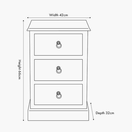 Line drawing of the Loft Blue 3 drawer chest with ring pulls, showing dimensions: 42cm width, 66cm height, 32cm depth, on a white background.