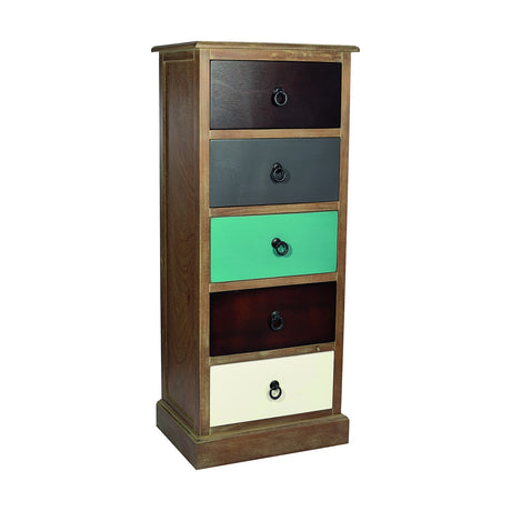 Loft Blue Multicoloured Pine 5 Drawer Unit, a tall wooden chest of drawers with dark brown, grey, green, maroon and cream drawer fronts and black ring handles, shown on a plain white background.