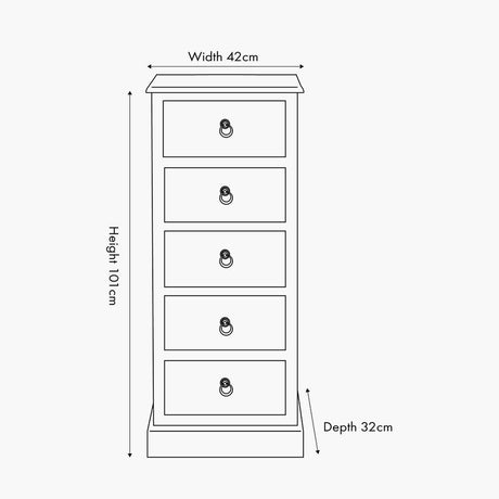 Line drawing of the Loft Blue 5 Drawer Unit showing dimensions: 42cm width, 101cm depth, and 101cm height, with ring pull handles on each drawer.