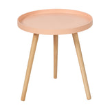 Halston Apricot side table with round wood veneer tabletop in a peach finish, raised edge lip, and three splayed pine legs, shown on a plain white background.