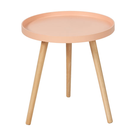 Halston Apricot side table with round wood veneer tabletop in a peach finish, raised edge lip, and three splayed pine legs, shown on a plain white background.