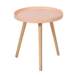 Halston round side table with apricot wood veneer top and three angled pine wooden legs, shown on a plain white background.
