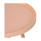 Close-up of the Halston Apricot Wood Veneer & Pine Side Table showing the round tray-style tabletop with raised rim and a visible wooden leg, on a plain white background.