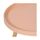 Close-up of the Halston side table's round apricot tabletop with rolled rim, showing the wood veneer surface and a visible pine leg on a white background.