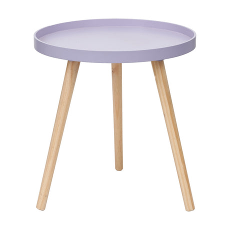 Halston Lilac Wood Veneer & Pine Side Table, 43cm, with a round lilac tray-style top and angled natural pine legs, shown on a plain white background.