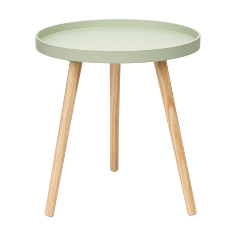 Halston Sage Green round side table, 41cm, with a wood veneer tray-style top and tripod natural pine legs, shown on a plain white background.