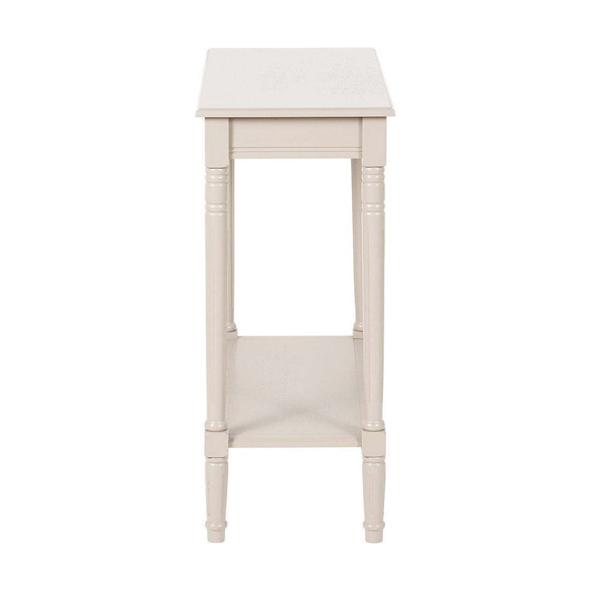 Heritage Putty Pine Console Table with rectangular top, turned legs, and lower shelf in a cream painted wood finish, shown against a plain white background.