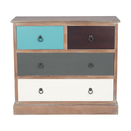 Loft Blue Multicoloured Pine 4 Drawer Unit with teal, burgundy, grey and white drawer fronts on a natural wood frame, ring pull handles, plain white background.